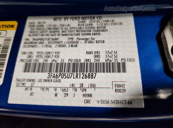 3FA6P0SU7LR126887 2020 FORD FUSION Blue Engine compartment view