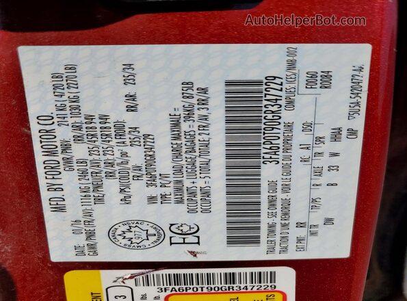 3FA6P0T90GR347229 2016 FORD FUSION Red Շարժիչի բաժամունքի տեսք