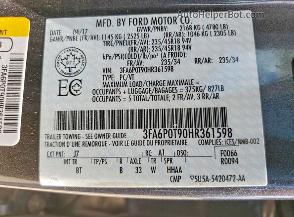 3FA6P0T90HR361598 2017 FORD FUSION Gray Widok komory silnika