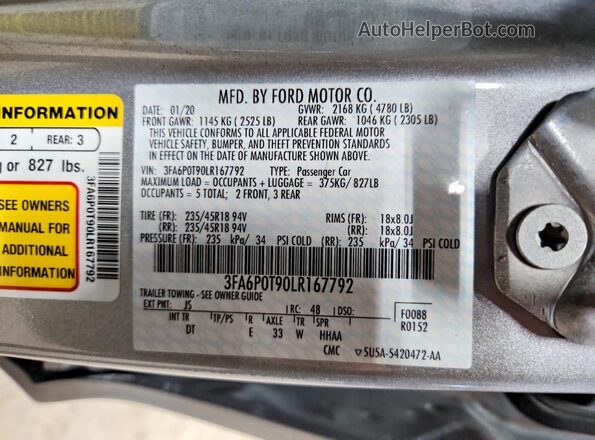 3FA6P0T90LR167792 2020 FORD FUSION Silver Շարժիչի բաժամունքի տեսք