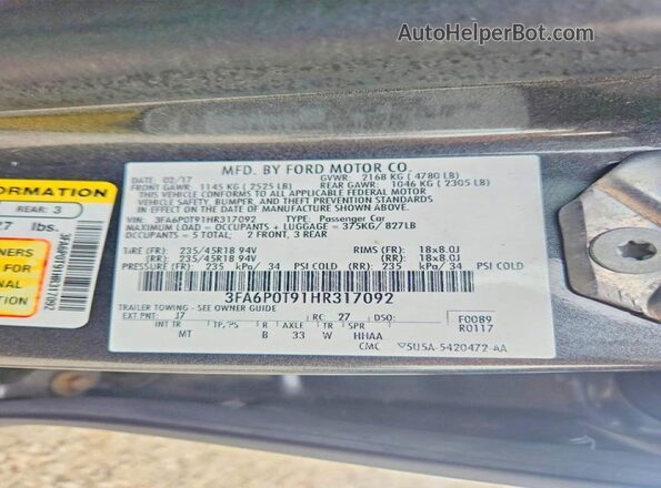 3FA6P0T91HR317092 2017 FORD FUSION Серый Вид подкапотного пространства
