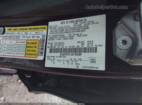 3FA6P0T91JR190589 2018 FORD FUSION Maroon Vista del compartimento del motor