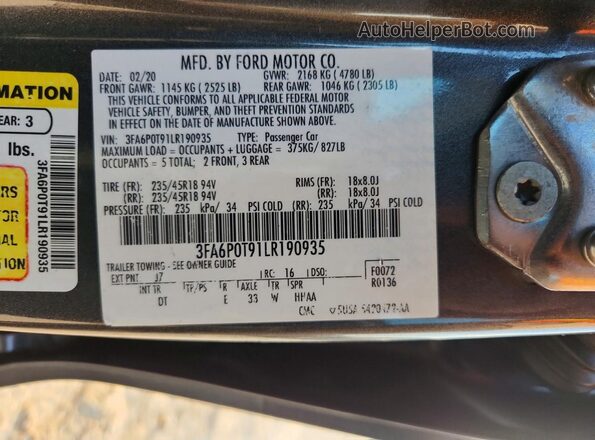 3FA6P0T91LR190935 2020 FORD FUSION Gray 
