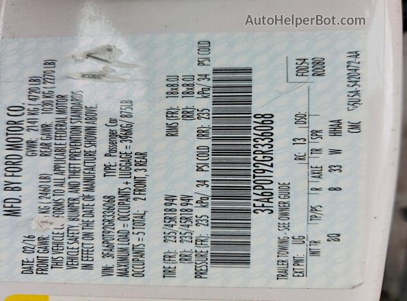 3FA6P0T92GR336068 2016 FORD FUSION White Vista del compartimento del motor