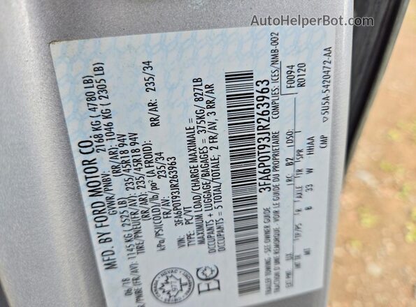 3FA6P0T93JR263963 2018 FORD FUSION Gray Вид наклейки з VIN-кодом