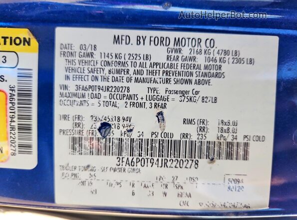 3FA6P0T94JR220278 2018 FORD FUSION Blue VIN sticker view