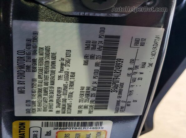 3FA6P0T94LR248939 2020 FORD FUSION Black ძრავის განყოფილების ხედი