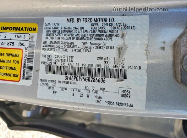 3FA6P0T95GR286606 2016 FORD FUSION Silver Vista del compartimento del motor