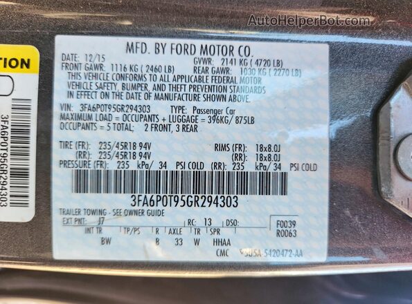 3FA6P0T95GR294303 2016 FORD FUSION Gray Vista del compartimento del motor