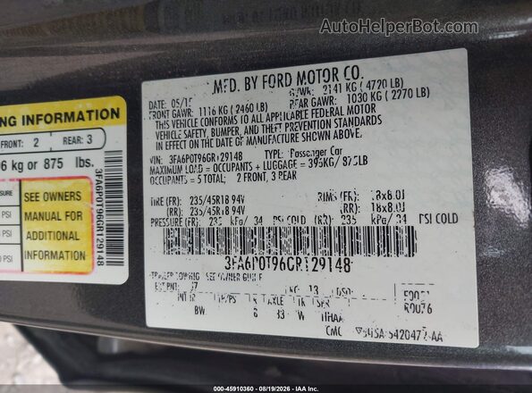 3FA6P0T96GR129148 2016 FORD FUSION Gray Շարժիչի բաժամունքի տեսք