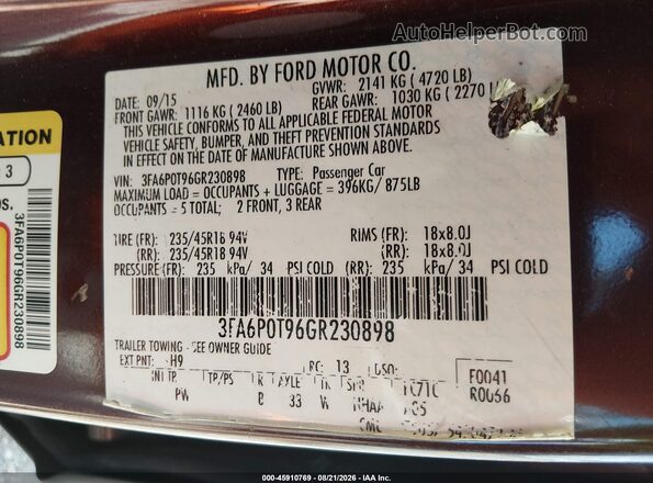 3FA6P0T96GR230898 2016 FORD FUSION Burgundy Շարժիչի բաժամունքի տեսք