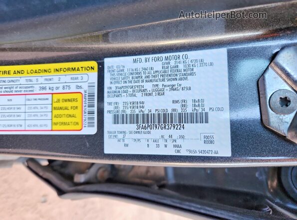 3FA6P0T97GR379224 2016 FORD FUSION Gray VIN კოდის სტიკერის ხედი