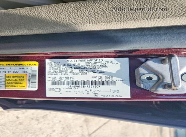 3FA6P0T98HR394607 2017 FORD FUSION Burgundy ძრავის განყოფილების ხედი