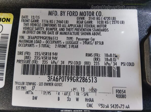 3FA6P0T99GR286513 2016 FORD FUSION Gray Vista del compartimento del motor