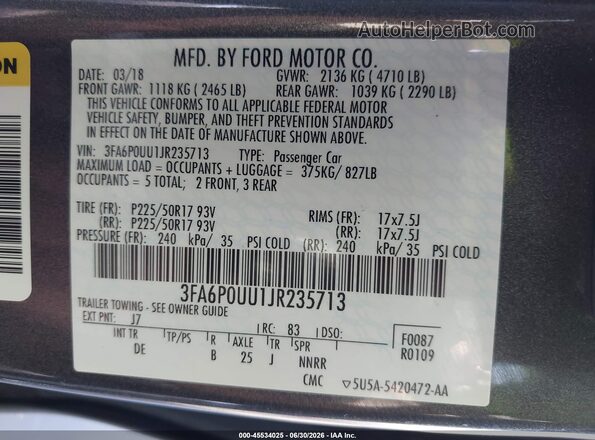 3FA6P0UU1JR235713 2018 FORD FUSION HYBRID Gray Vista del compartimento del motor