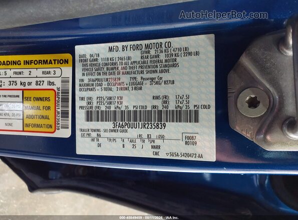 3FA6P0UU1JR235839 2018 FORD FUSION HYBRID Blue Շարժիչի բաժամունքի տեսք