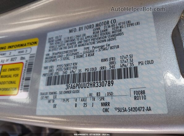 3FA6P0UU2HR330789 2017 FORD FUSION HYBRID Серебряный Вид подкапотного пространства