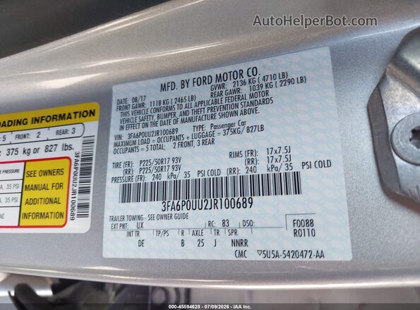 3FA6P0UU2JR100689 2018 FORD FUSION HYBRID Серебряный Вид подкапотного пространства