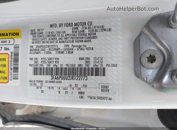 3FA6P0UU2JR122773 2018 FORD FUSION HYBRID White Engine compartment view