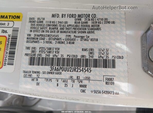 3FA6P0UU2JR254545 2018 FORD FUSION HYBRID White Widok komory silnika