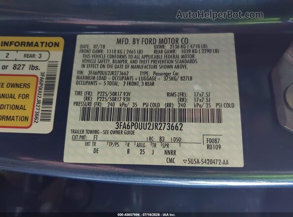 3FA6P0UU2JR273662 2018 FORD FUSION HYBRID Blue Widok komory silnika