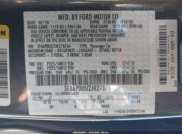 3FA6P0UU2JR278764 2018 FORD FUSION HYBRID Gray Շարժիչի բաժամունքի տեսք