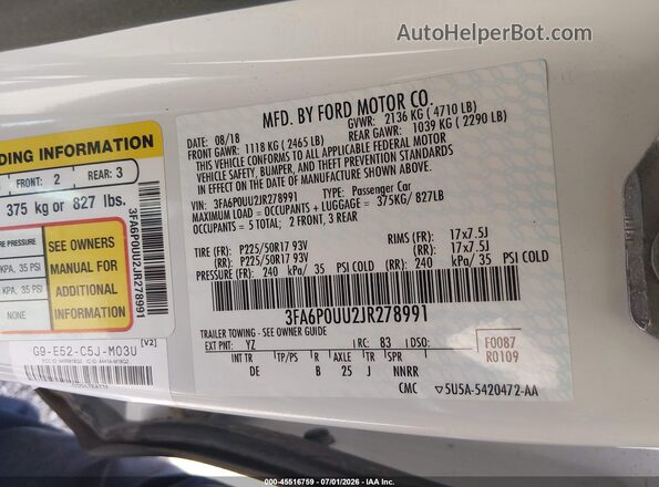 3FA6P0UU2JR278991 2018 FORD FUSION HYBRID White Вид підкапотного простору