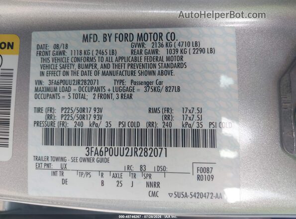 3FA6P0UU2JR282071 2018 FORD FUSION HYBRID Silver Vista del compartimento del motor