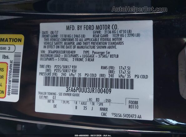 3FA6P0UU3JR100409 2018 FORD FUSION HYBRID Black ძრავის განყოფილების ხედი