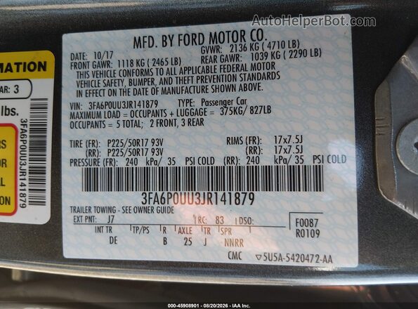 3FA6P0UU3JR141879 2018 FORD FUSION HYBRID Серый Вид подкапотного пространства