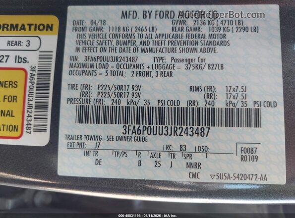 3FA6P0UU3JR243487 2018 FORD FUSION HYBRID Gray Widok komory silnika