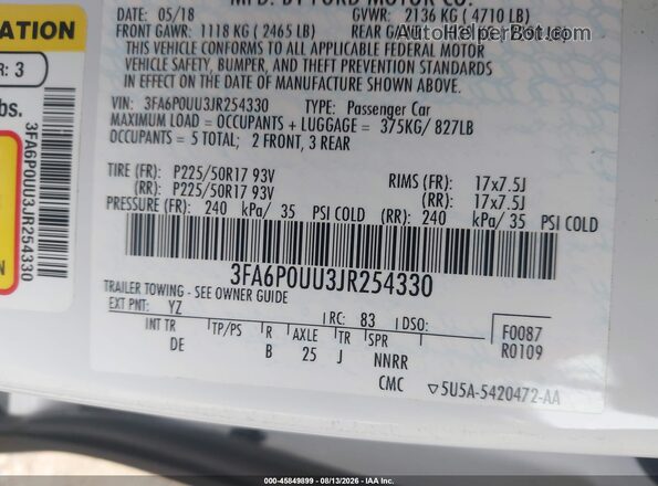 3FA6P0UU3JR254330 2018 FORD FUSION HYBRID White Widok komory silnika
