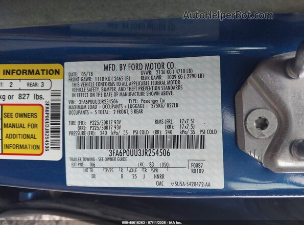 3FA6P0UU3JR254506 2018 FORD FUSION HYBRID Blue Widok komory silnika