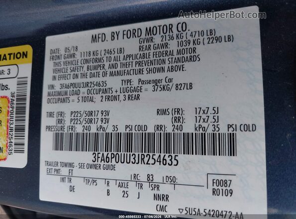 3FA6P0UU3JR254635 2018 FORD FUSION HYBRID Blue Vista del compartimento del motor