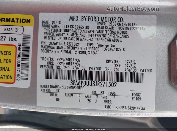 3FA6P0UU3JR271502 2018 FORD FUSION HYBRID Silver Vista del compartimento del motor