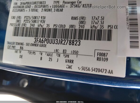 3FA6P0UU3JR278823 2018 FORD FUSION HYBRID Blue Вид підкапотного простору