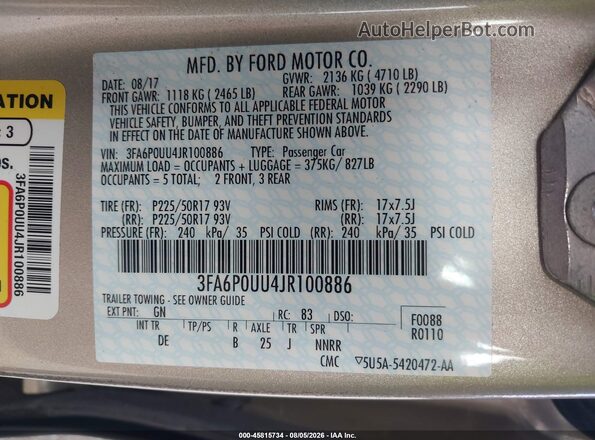 3FA6P0UU4JR100886 2018 FORD FUSION HYBRID Gold Вид підкапотного простору