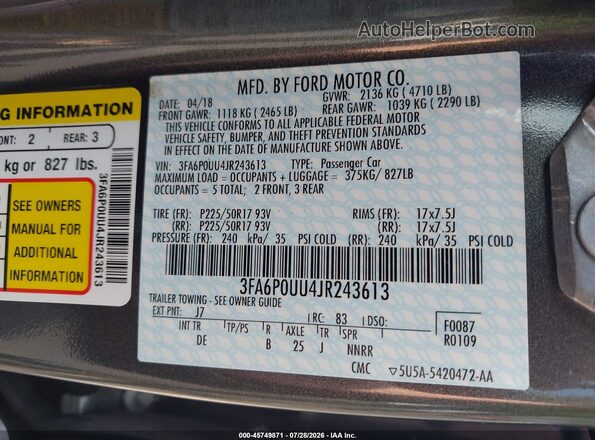 3FA6P0UU4JR243613 2018 FORD FUSION HYBRID Gray Engine compartment view