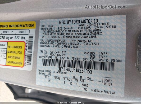 3FA6P0UU4JR254353 2018 FORD FUSION HYBRID Silver Вид підкапотного простору