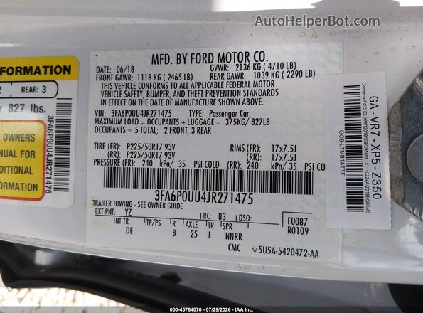 3FA6P0UU4JR271475 2018 FORD FUSION HYBRID White Engine compartment view