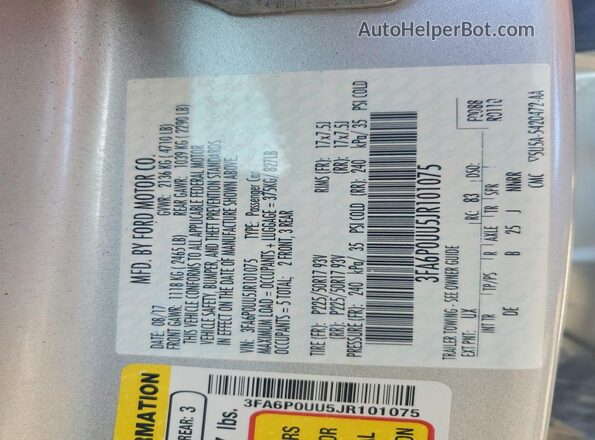 3FA6P0UU5JR101075 2018 FORD FUSION Silver Շարժիչի բաժամունքի տեսք