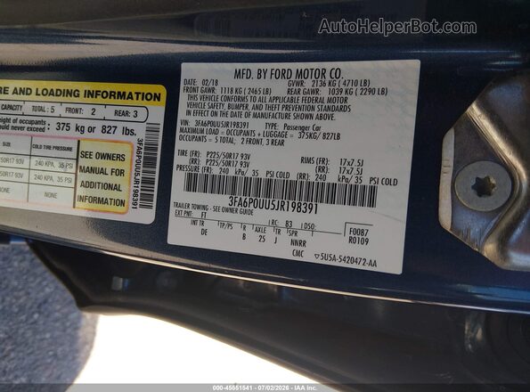3FA6P0UU5JR198391 2018 FORD FUSION HYBRID Синий Вид подкапотного пространства