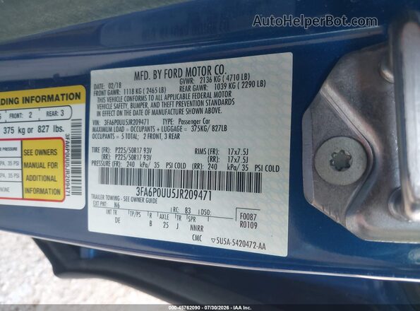 3FA6P0UU5JR209471 2018 FORD FUSION HYBRID Blue Вид підкапотного простору