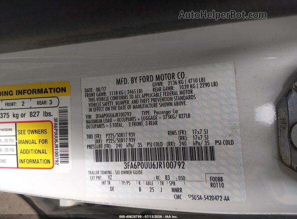 3FA6P0UU6JR100792 2018 FORD FUSION HYBRID White Vista del compartimento del motor