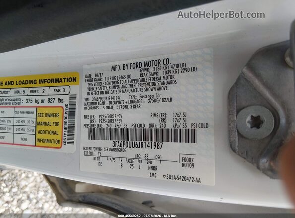 3FA6P0UU6JR141987 2018 FORD FUSION HYBRID White Вид підкапотного простору