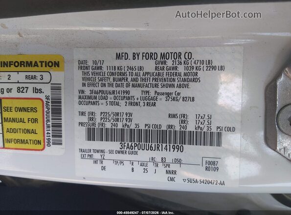 3FA6P0UU6JR141990 2018 FORD FUSION HYBRID White Engine compartment view