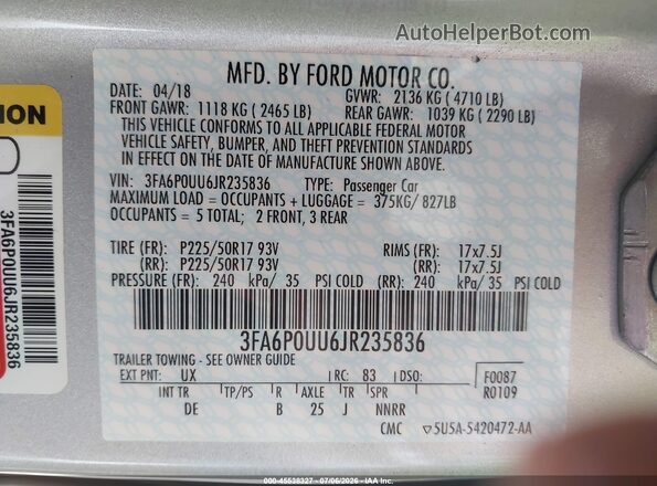 3FA6P0UU6JR235836 2018 FORD FUSION HYBRID Silver Շարժիչի բաժամունքի տեսք