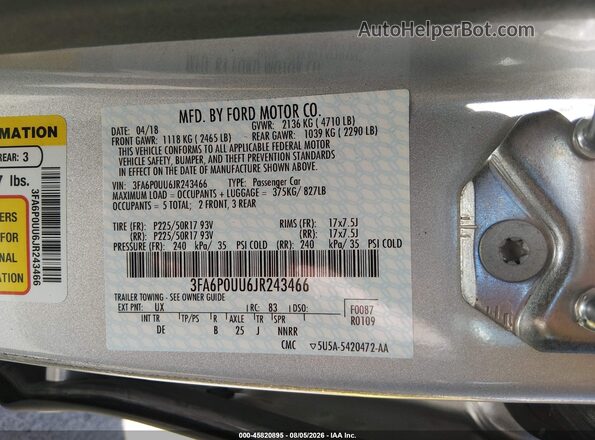 3FA6P0UU6JR243466 2018 FORD FUSION HYBRID Серебряный Вид подкапотного пространства
