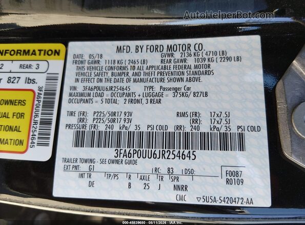 3FA6P0UU6JR254645 2018 FORD FUSION HYBRID Black Շարժիչի բաժամունքի տեսք