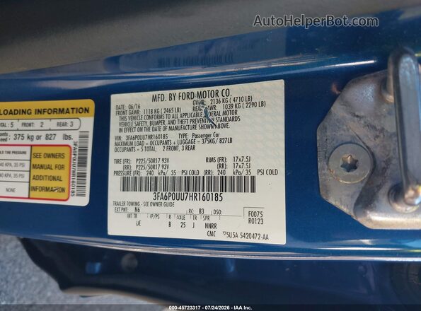 3FA6P0UU7HR160185 2017 FORD FUSION HYBRID Blue Vista del compartimento del motor